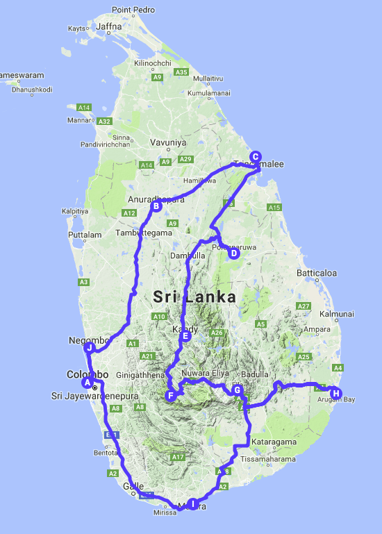 Reiseroute Sri Lanka